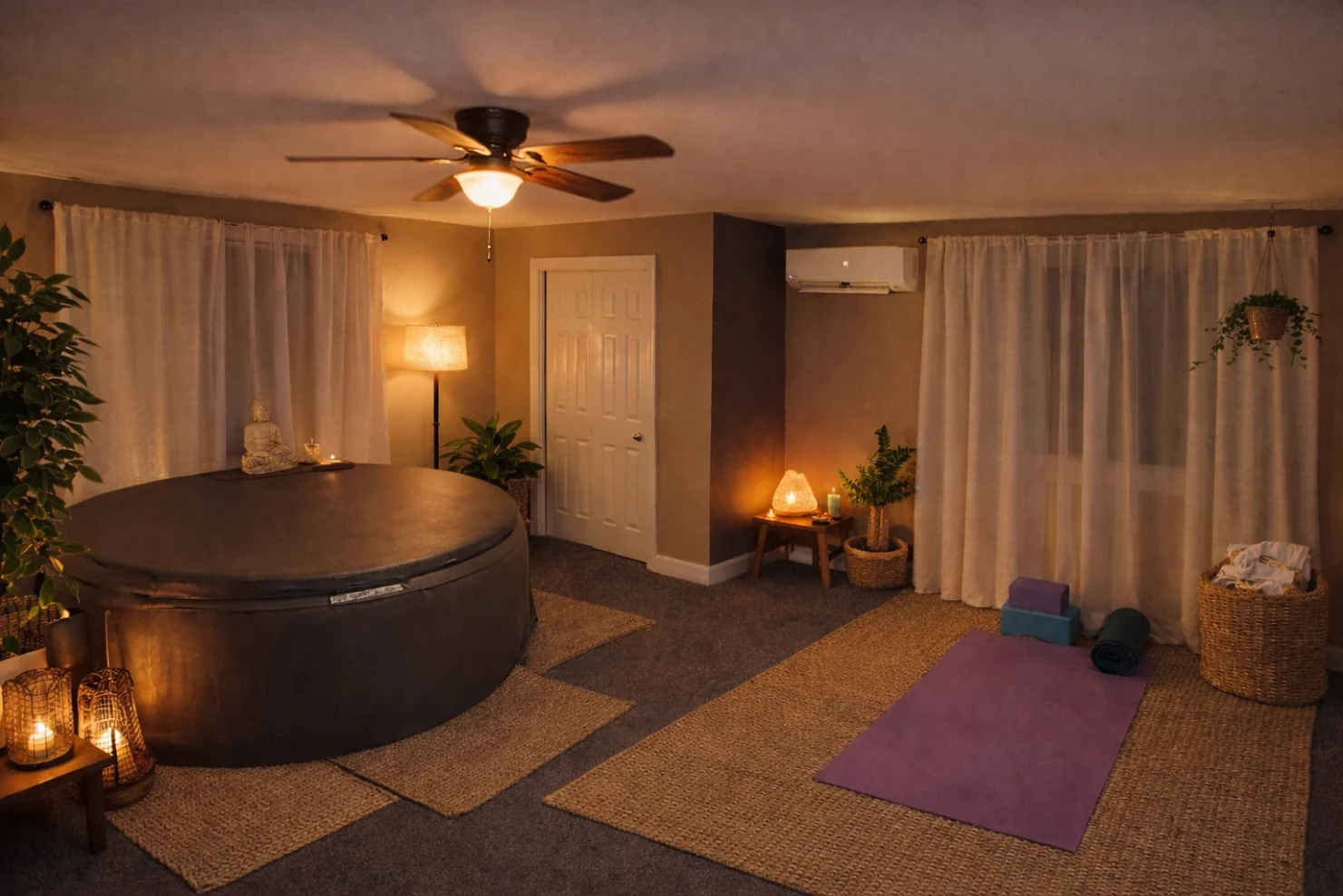 Warm wellness room with plants, a movement mat, soft lighting, and space for reflection